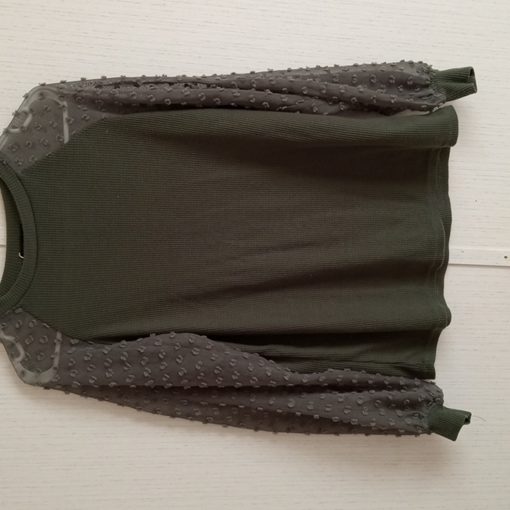 Miholl , women's small long sleeve swiss dot waffle weave chilon, army greem